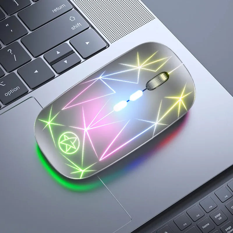 Wireless Bluetooth gaming mouse with metal scroll wheel, five buttons, and luminous charging indicator