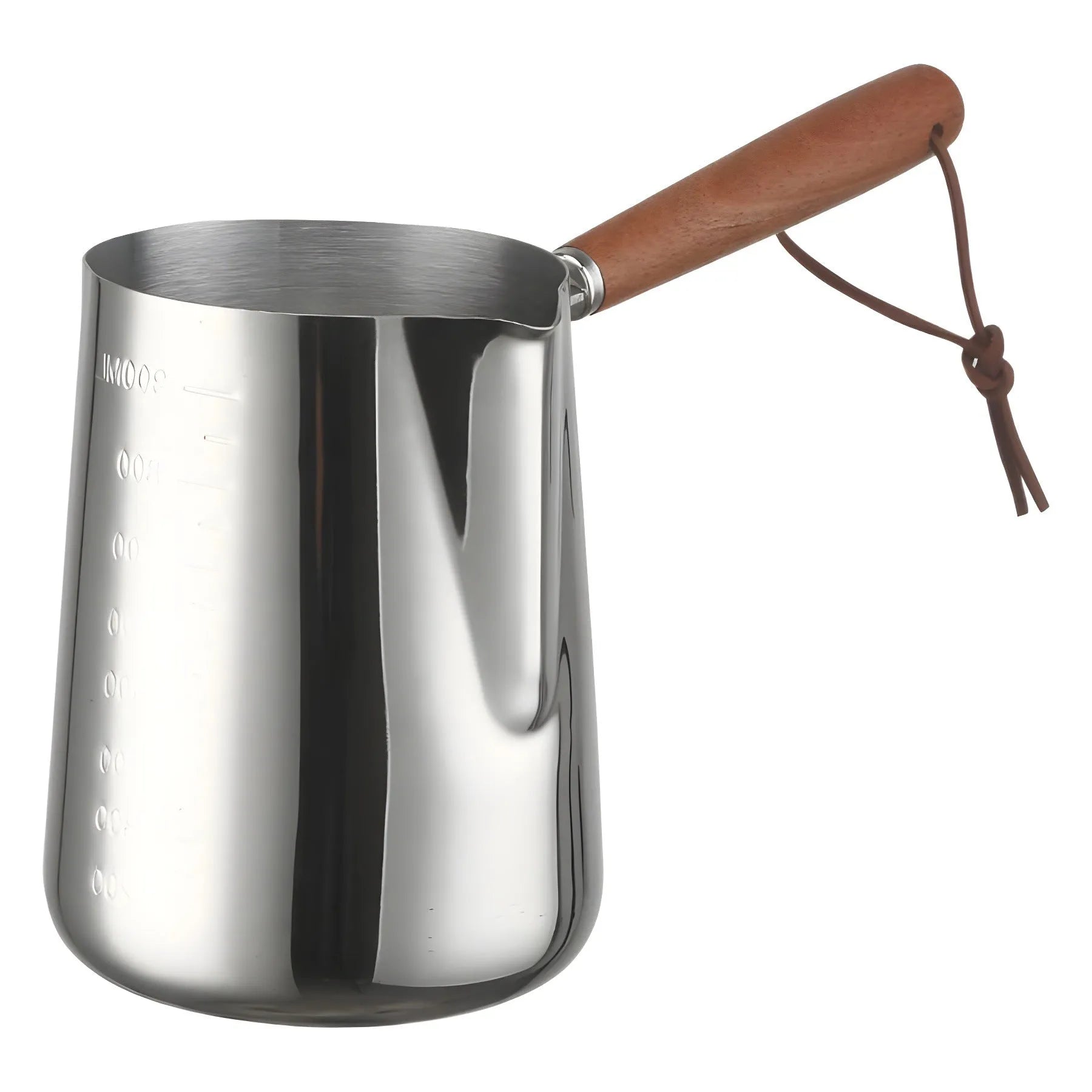 Stainless steel milk frothing cup with wooden handle showing interior measurement scale markings