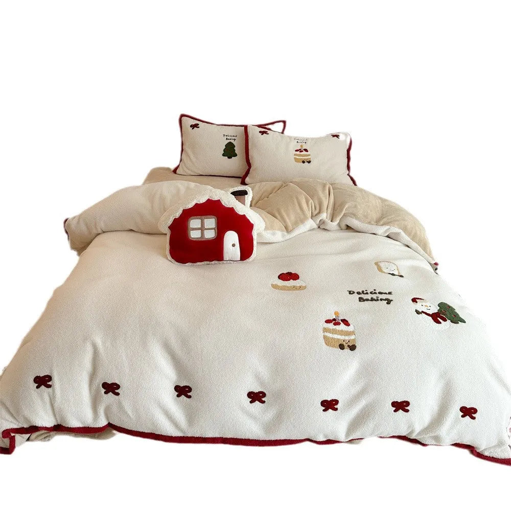 Winter Christmas cartoon bedding four-piece set with snowman milk pastry pattern on bed