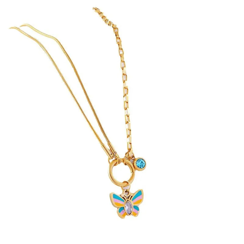 Gold colour epoxy butterfly necklace bracelet set with titanium steel snake bones chain