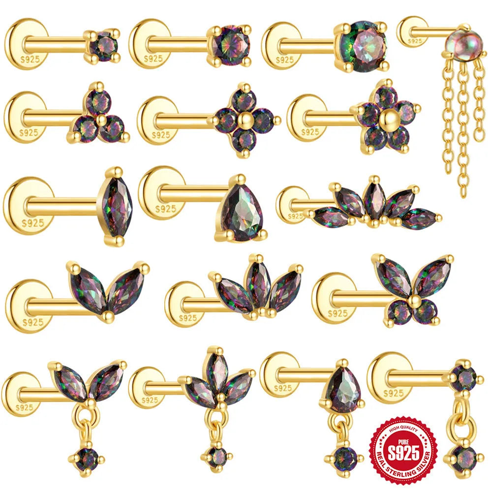 S925 sterling silver flat head thread piercing earrings with geometry rainbow stone in gold colour
