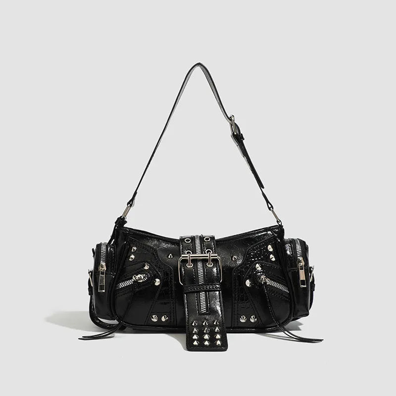 Black retro dumpling shape shoulder handbag with oil wax leather and three-dimensional outer pocket
