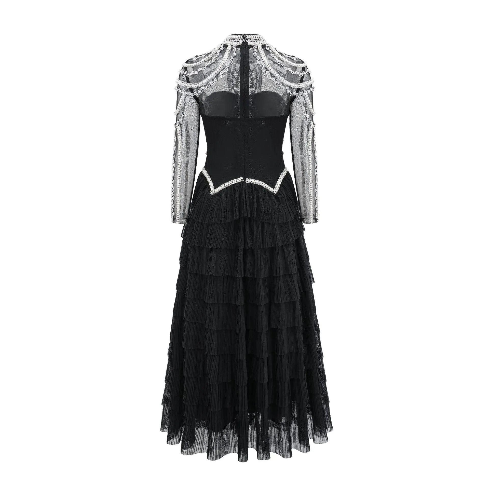 Women's black long sleeve beaded dress with a mid waist and long skirt.