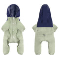 Khaki coloured waterproof shell jacket on a small dog, showing reflective trim and full-length belly zip.