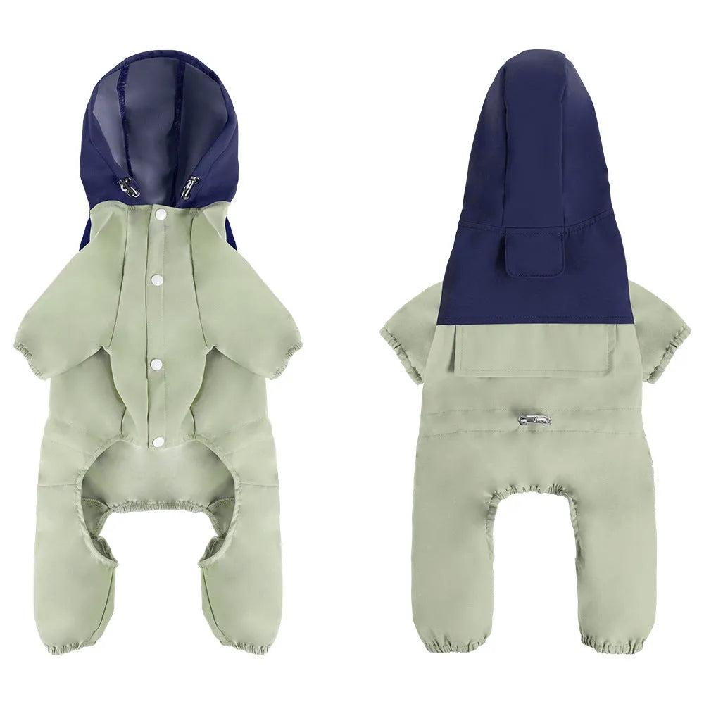 Khaki coloured waterproof shell jacket on a small dog, showing reflective trim and full-length belly zip.