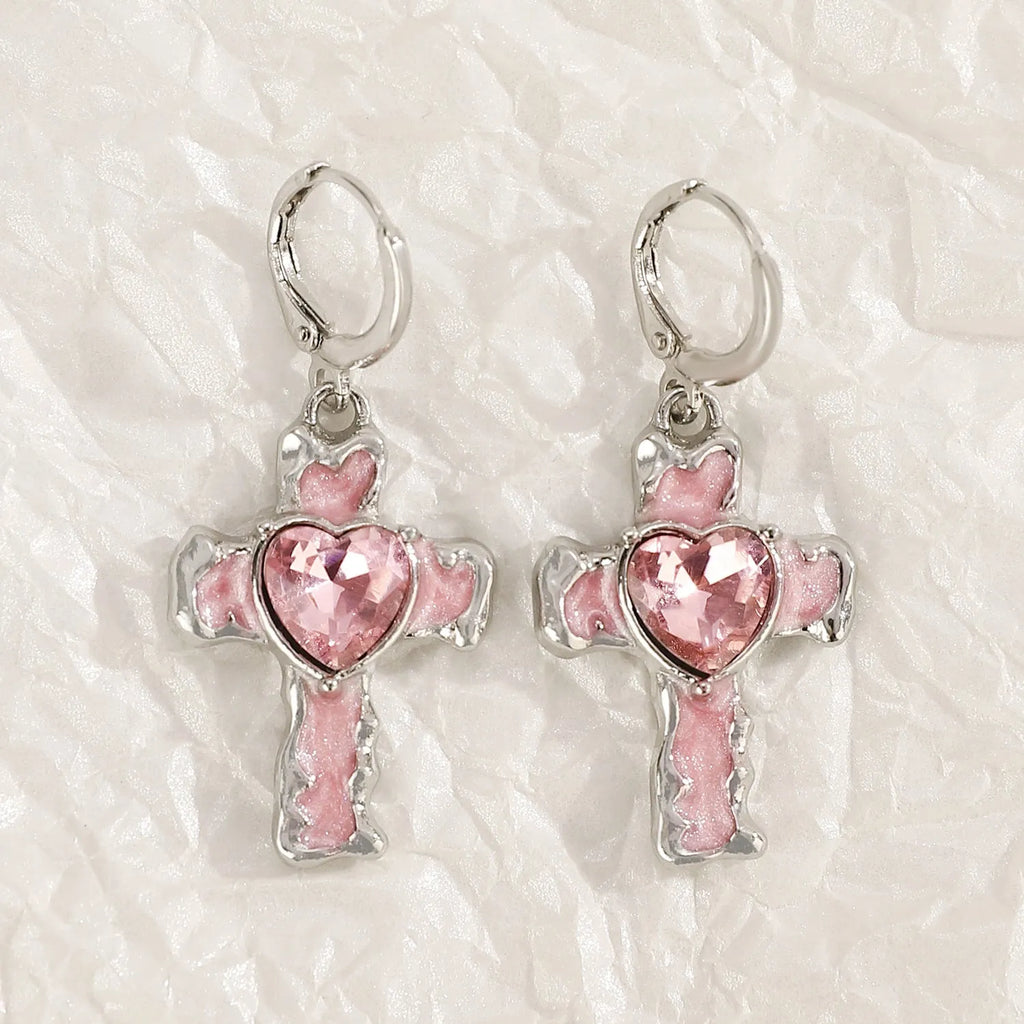 Women's classic cross crystal alloy earrings showing five colour options with cross and heart design elements