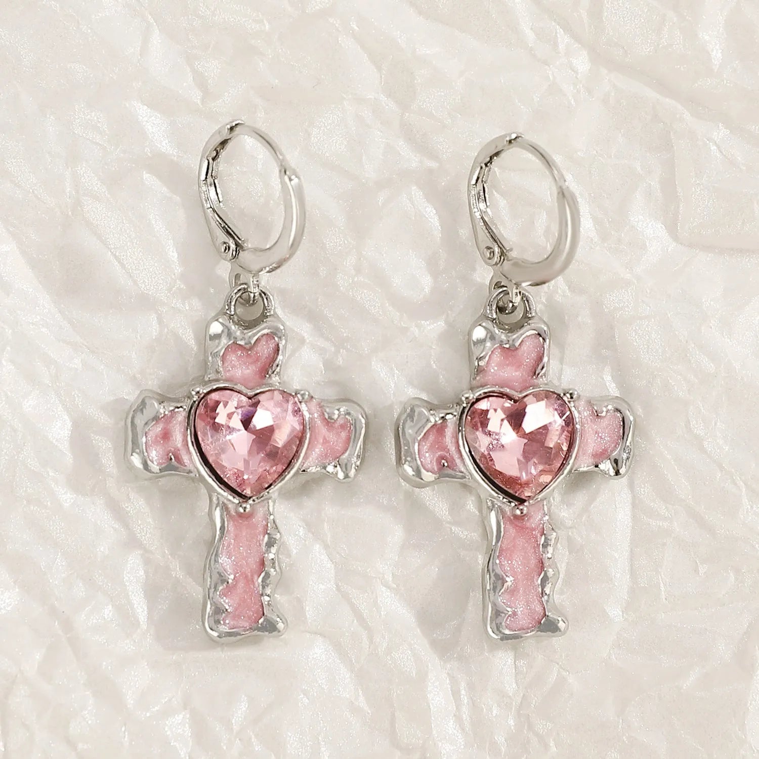 Women's classic cross crystal alloy earrings showing five colour options with cross and heart design elements