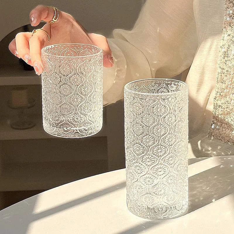 Begonia patterned sodium calcium glass drinking cup in 360ml and 250ml sizes with wide mouth