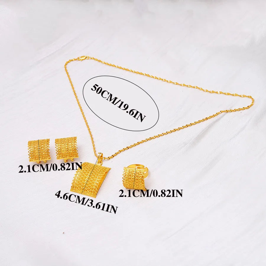 Golden bridal jewellery set with copper necklace, earrings, and ring for wedding occasions