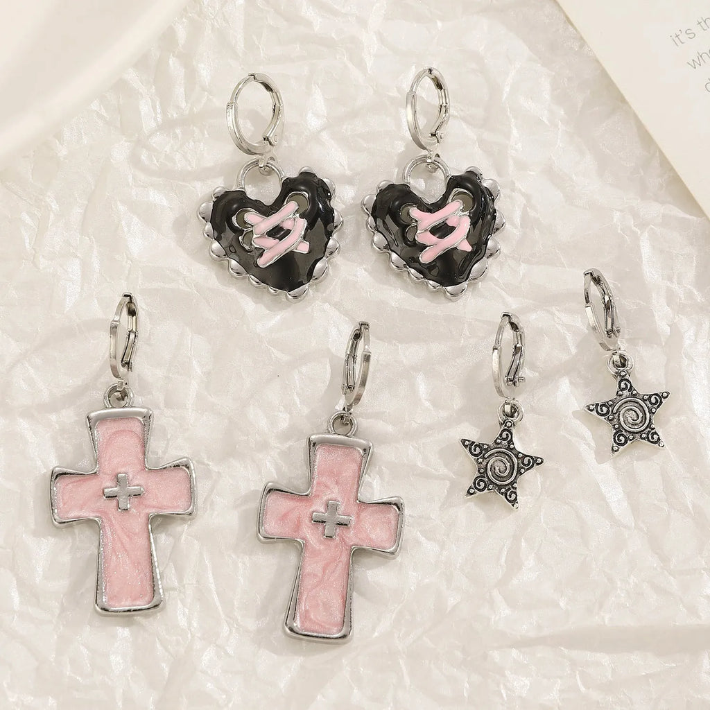 Women's classic cross crystal alloy earrings showing five colour options with cross and heart design elements