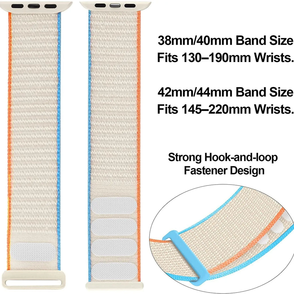 Woven nylon Apple Watch strap in multiple colours showing fabric texture and watch attachment