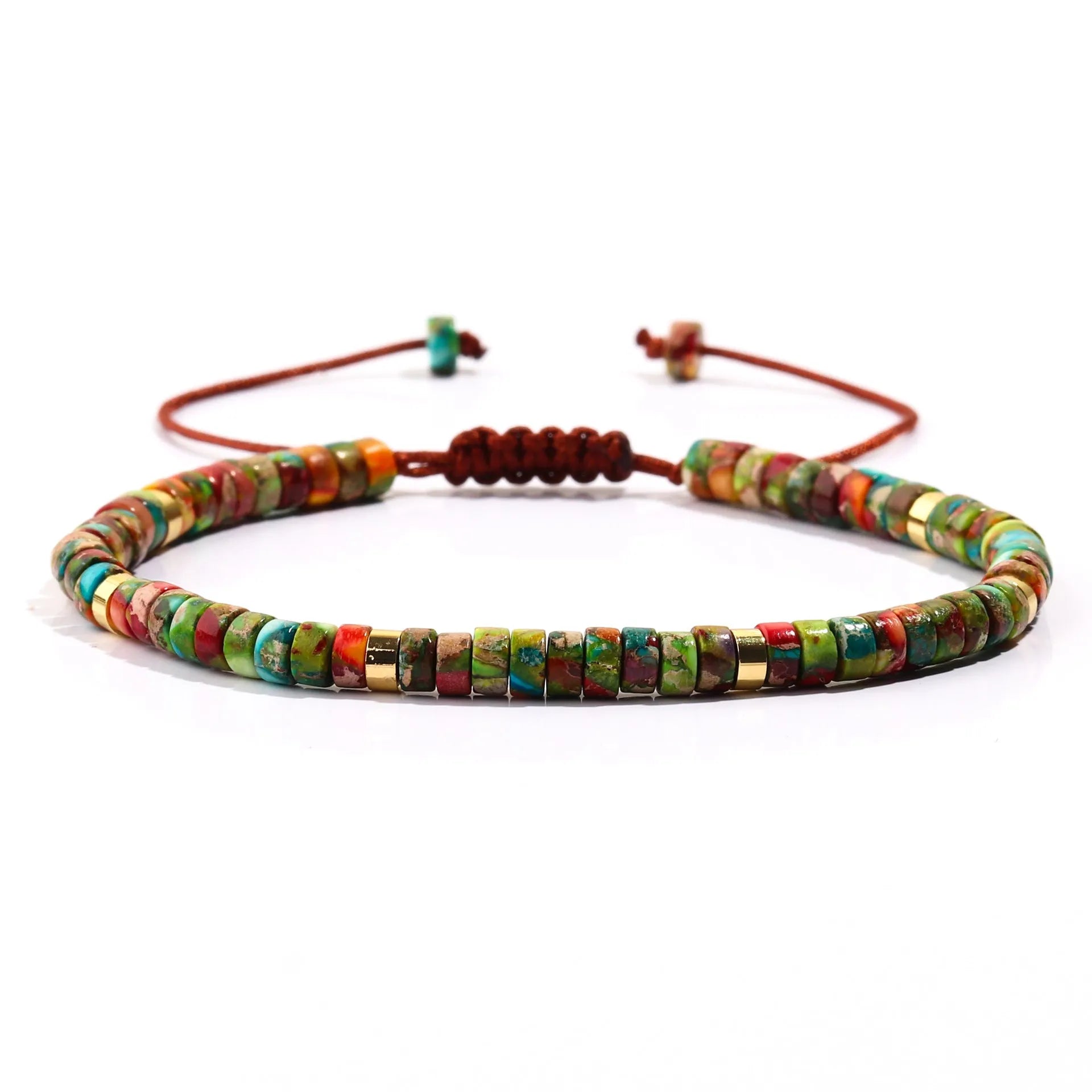 Women's hand-woven tigereye turquoise cylindrical flat bead bracelet with geometric texture and bamboo joint details