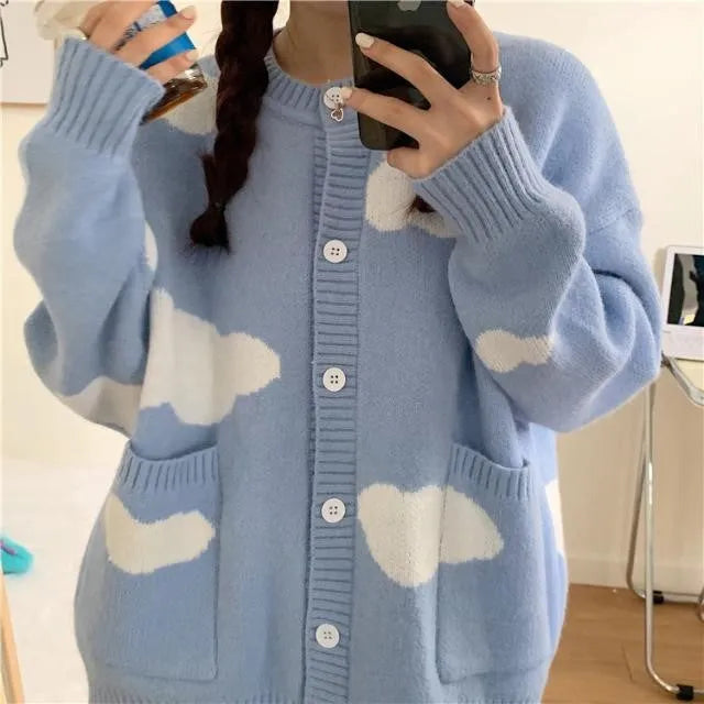 Women's blue cloud pattern spandex cardigan sweater with loose fit and long sleeves