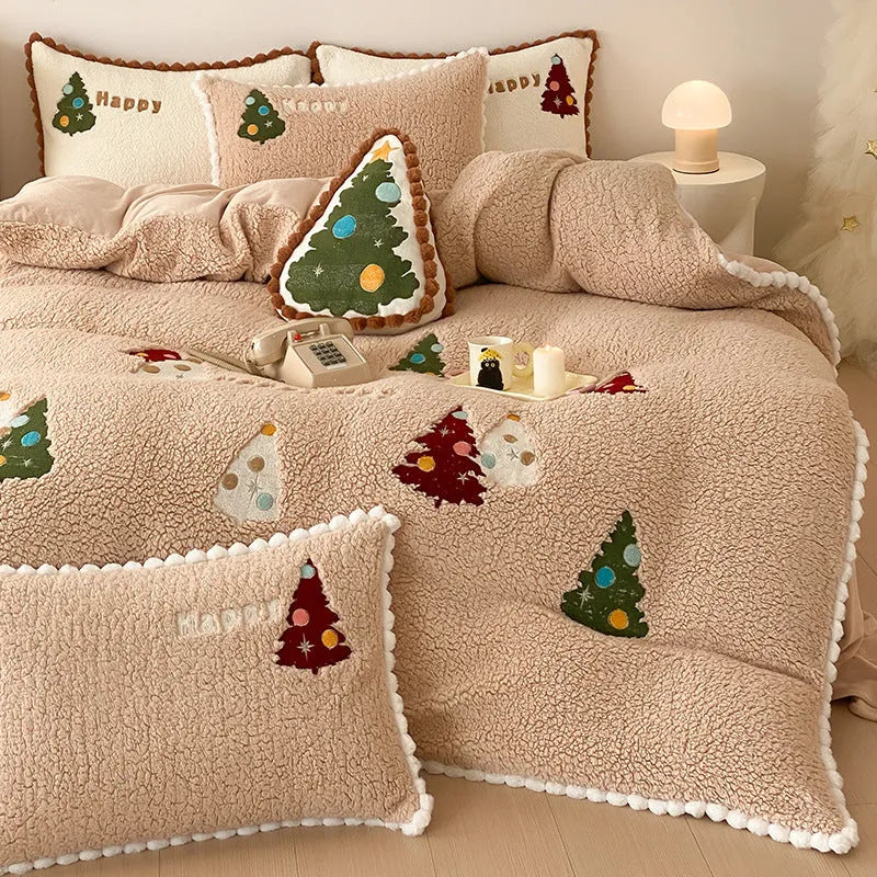 Bright yellow fleece-lined bedding set with embroidered cartoon Christmas trees on duvet cover and pillows.