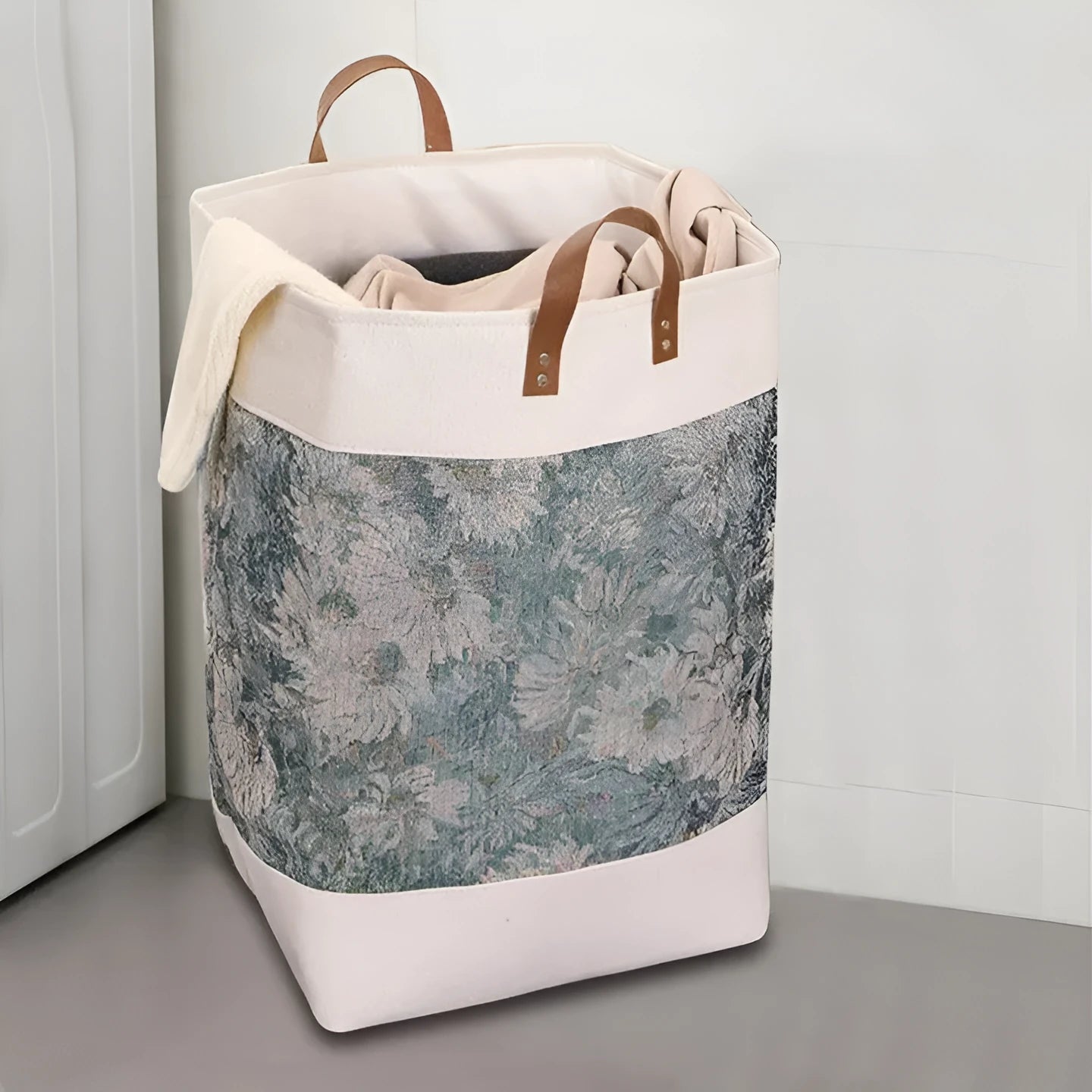 Large beige fabric storage box with 'Letters' print, showing dimensions of 35cm wide by 55cm tall.
