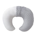 Grey nursing pillow with curved shape for feeding and spill prevention.
