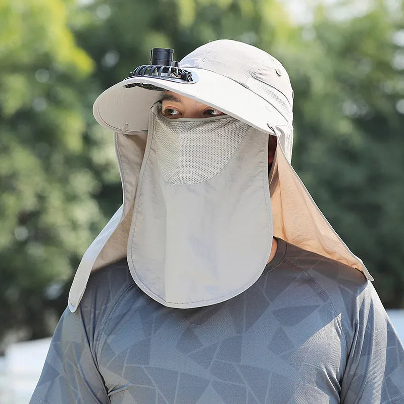 Men's khaki sun hat with built-in USB fan, face covering, and extended neck protection shawl.