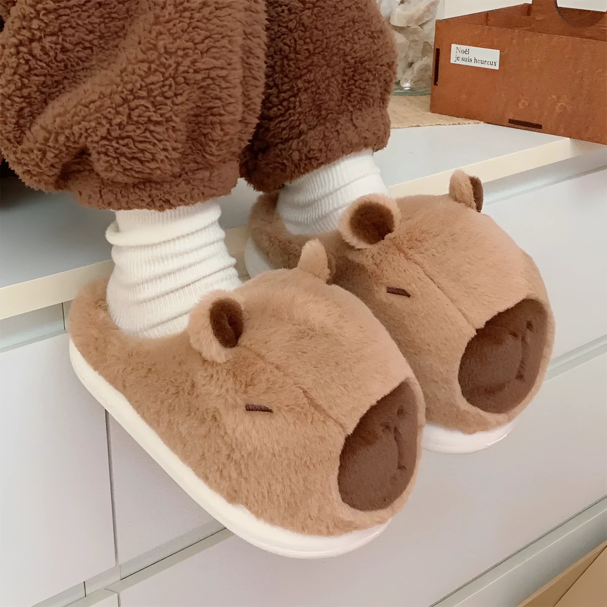 Brown half pack and pink half pack cute Kabala cartoon cotton slippers with suede upper and EVA sole