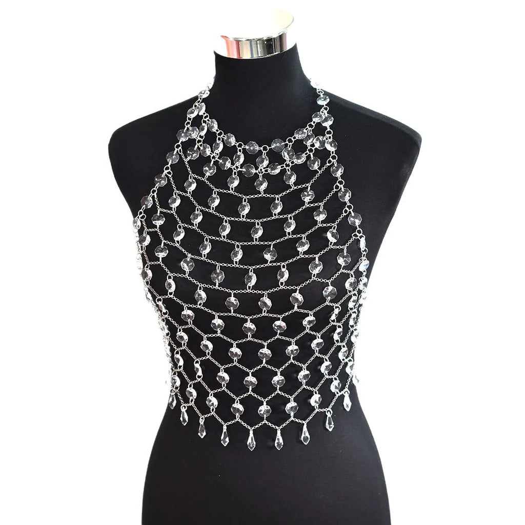 Transparent acrylic crystal sequin body chain hand-woven as chest and waist jewellery