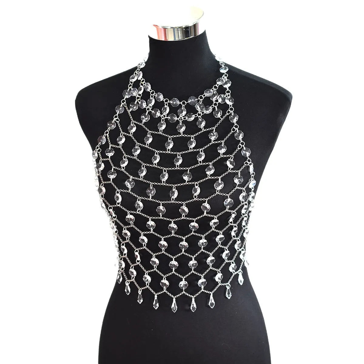 Transparent acrylic crystal sequin body chain hand-woven as chest and waist jewellery