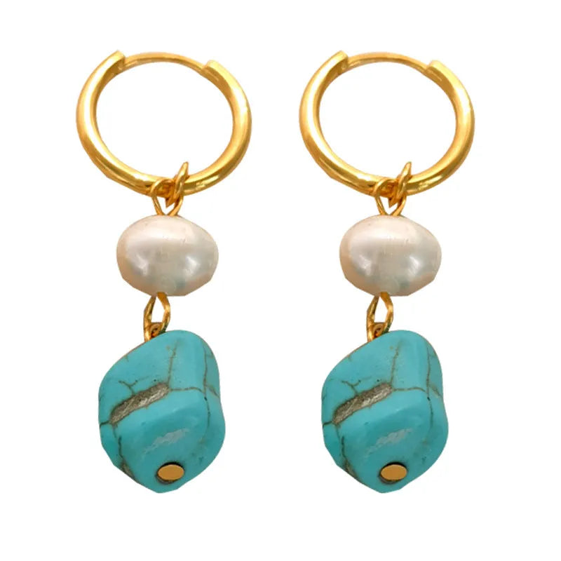 A pair of long and a pair of short geometric earrings with irregular turquoise and cultured pearls on copper ear clips.