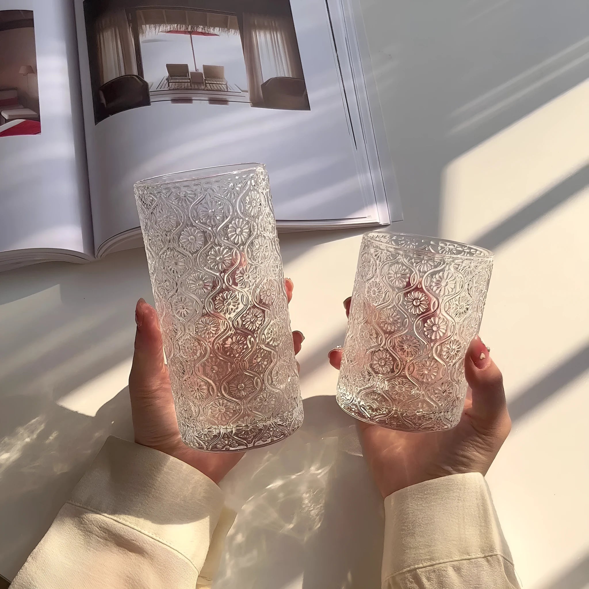 Begonia patterned sodium calcium glass drinking cup in 360ml and 250ml sizes with wide mouth