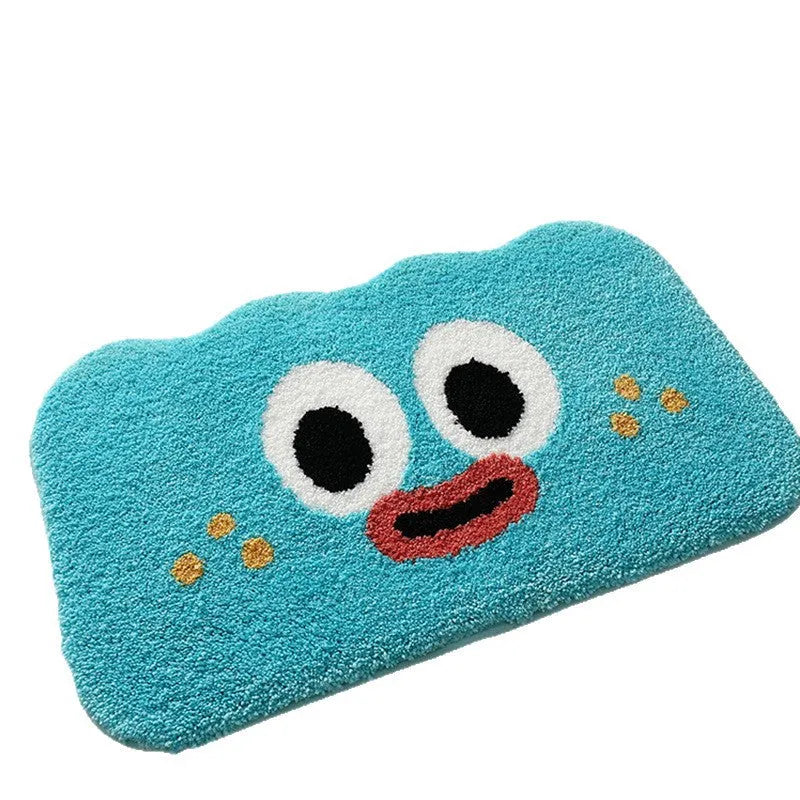 Big eye clouds cartoon print bathroom mat in green, showing soft, thickened polyester fibre pile.