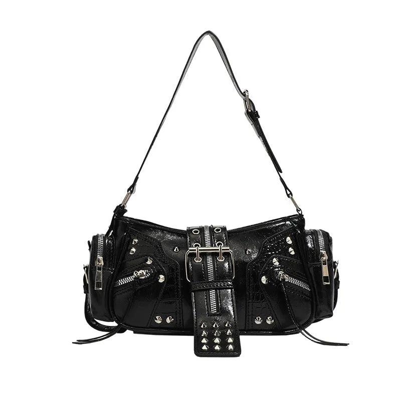 Black retro dumpling shape shoulder handbag with oil wax leather and three-dimensional outer pocket