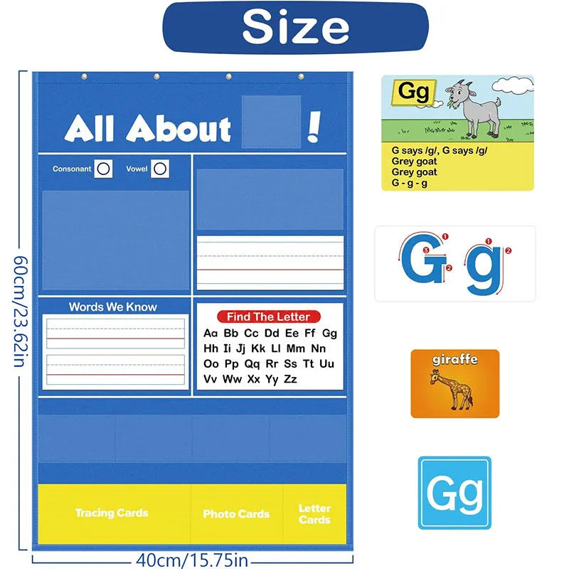 Large blue alphabet learning chart for children with word, letter, and picture cards spread on its PVC surface.