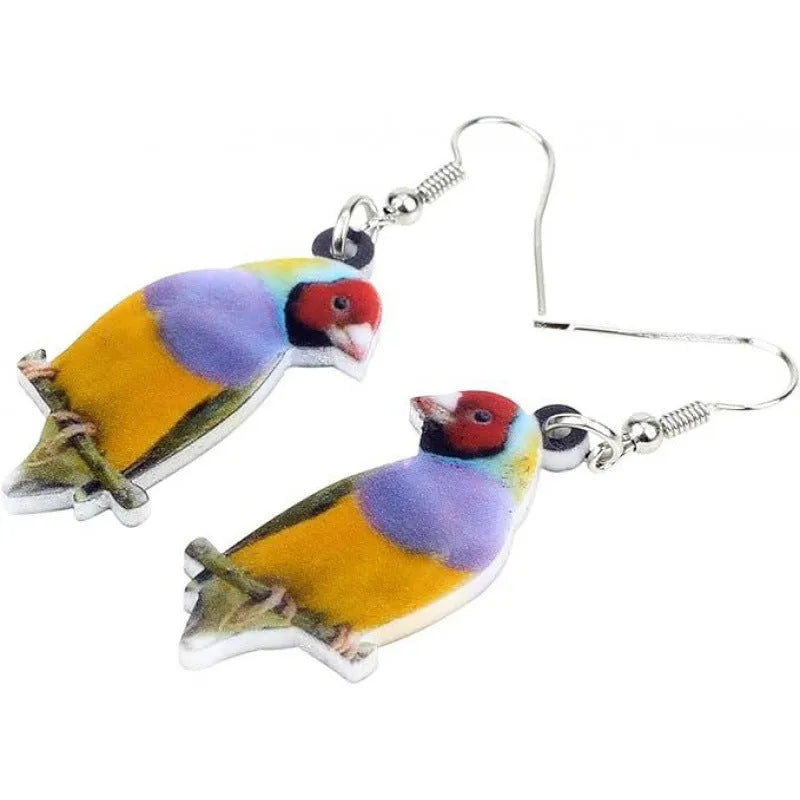 Geometric Blue Tit bird acrylic drop earrings with surgical steel posts on a white background.