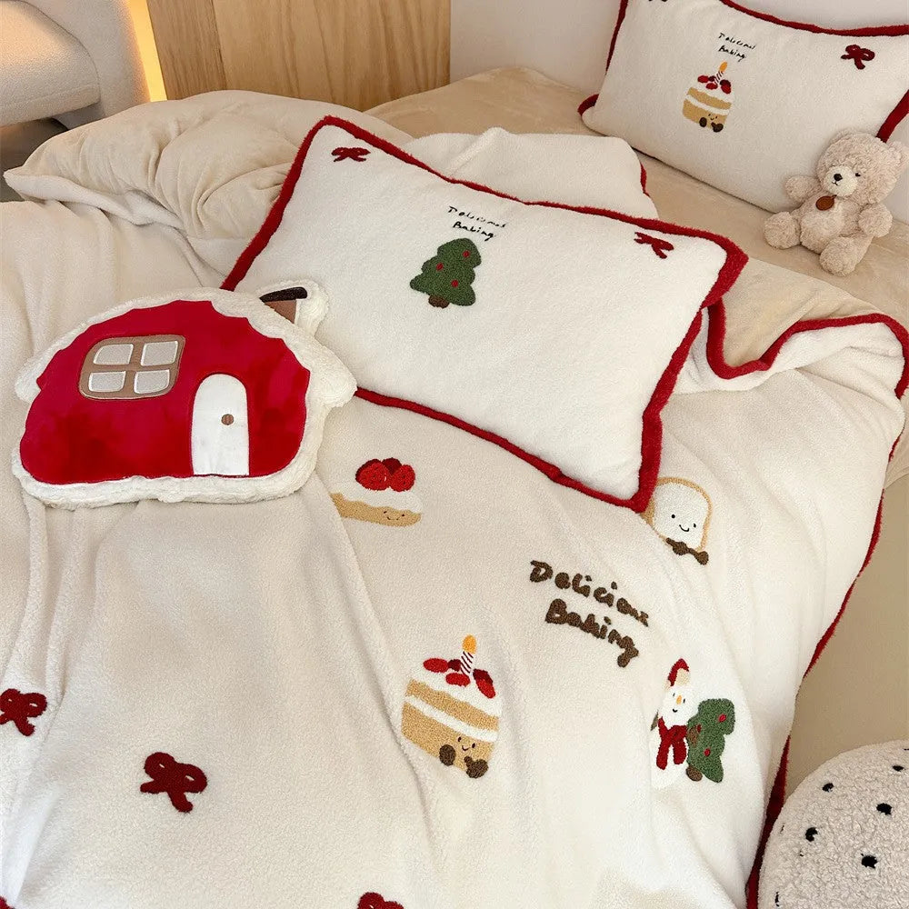 Winter Christmas cartoon bedding four-piece set with snowman milk pastry pattern on bed