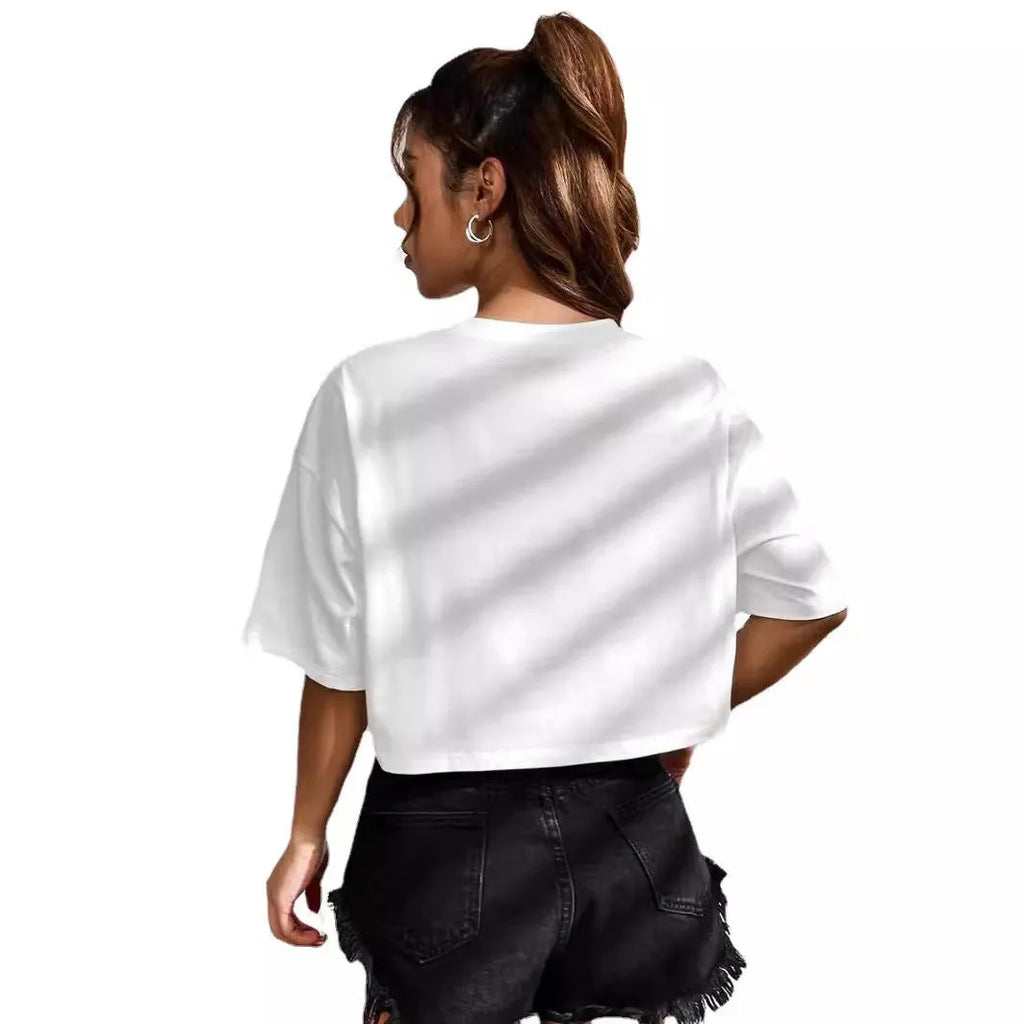 Black cotton crop t-shirt with printed white English letters, short sleeves, and a loose casual fit.