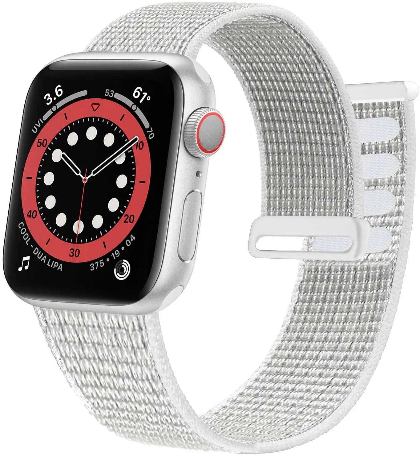 Woven nylon Apple Watch strap in multiple colours showing fabric texture and watch attachment
