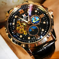 Men's black and rose gold automatic mechanical watch with hollow dial on a black leather strap.
