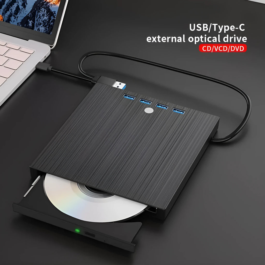 Black external DVD burner with USB and Type-C cables, tray loading slot, and 0.36 kg plastic body