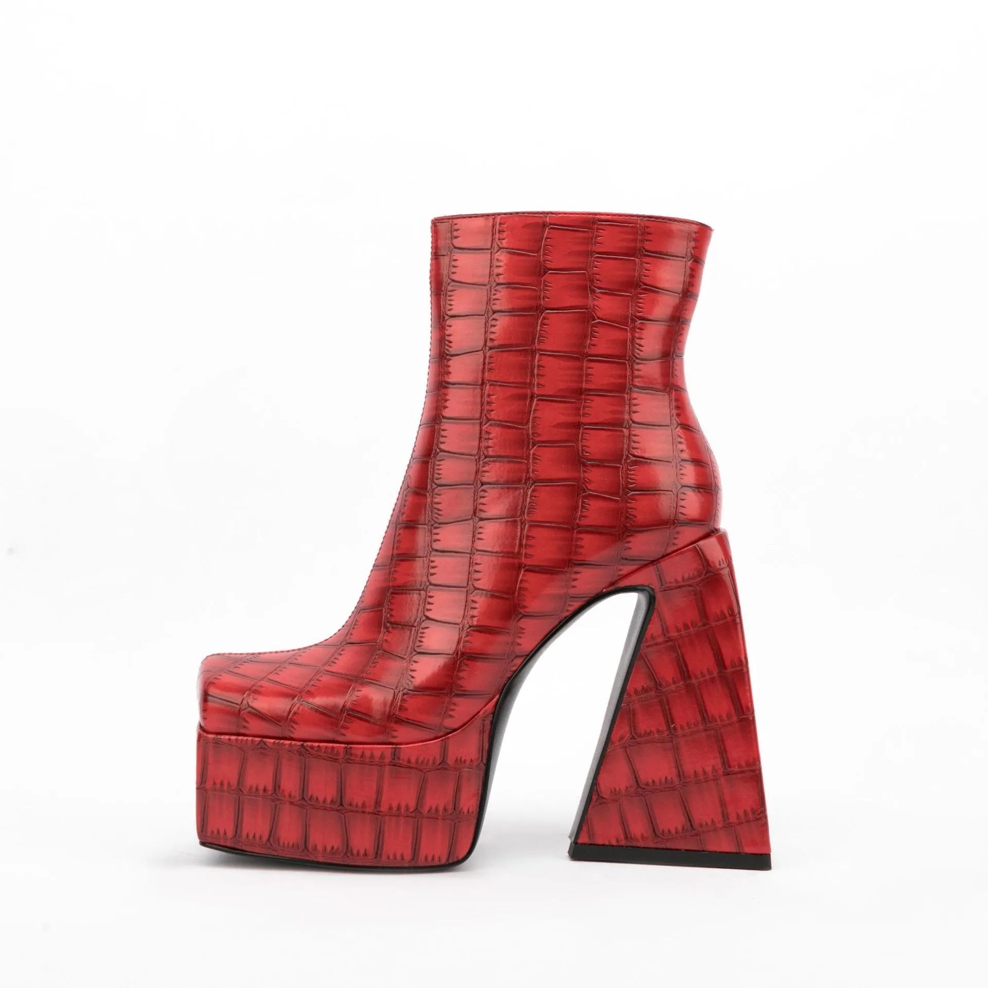Women's super high heel ankle boots in artificial PU, available in red, green, black, beige, and brown.