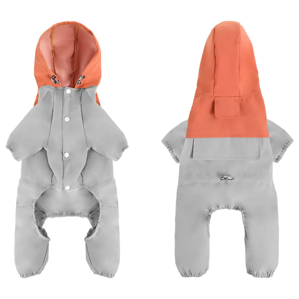 Khaki coloured waterproof shell jacket on a small dog, showing reflective trim and full-length belly zip.