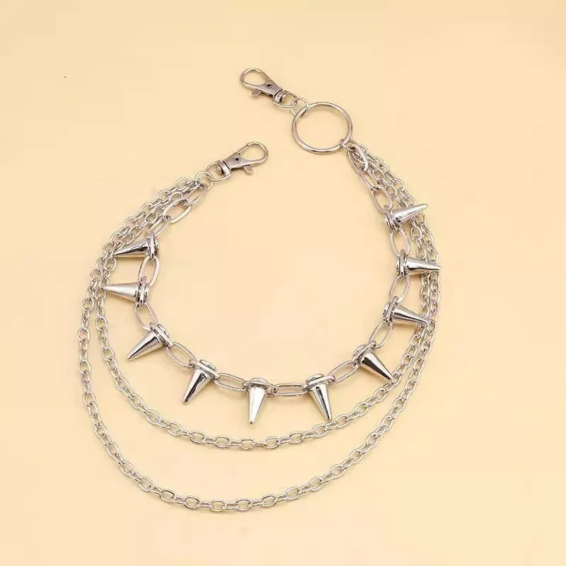 Silver metal double layer pants chain with rivet detailing for dark punk fashion 115cm length
