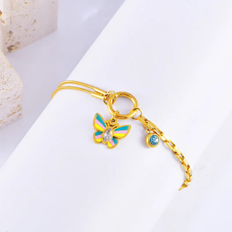 Gold colour epoxy butterfly necklace bracelet set with titanium steel snake bones chain