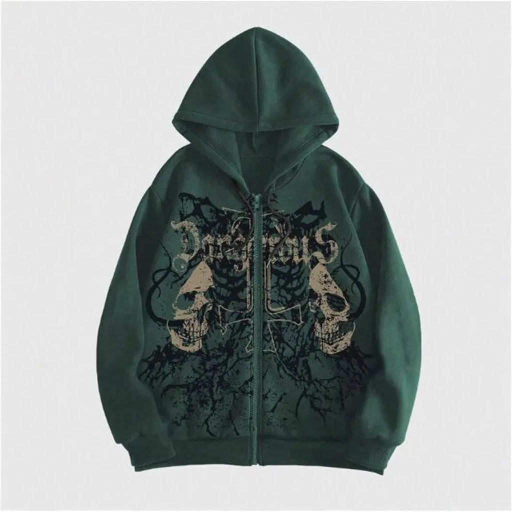 Black men's hooded sweatshirt with a white skull graphic print on the chest, featuring long sleeves.