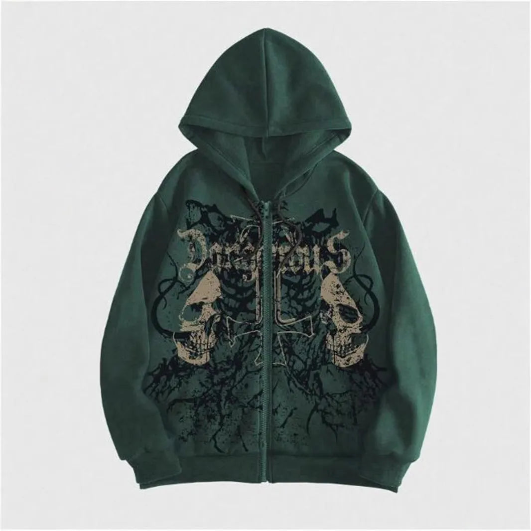 Black men's hooded sweatshirt with a white skull graphic print on the chest, featuring long sleeves.