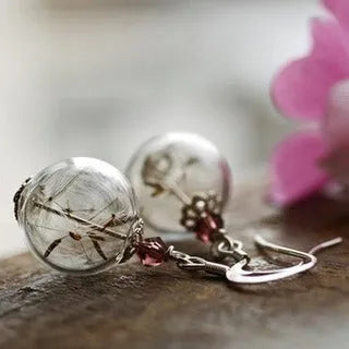Clear glass ball earring with crystal dandelion seed inside on a silver French hook, 16mm size.