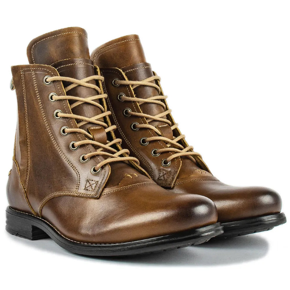 Men's black and brown two-tone leather boots with a side zipper and low heel.