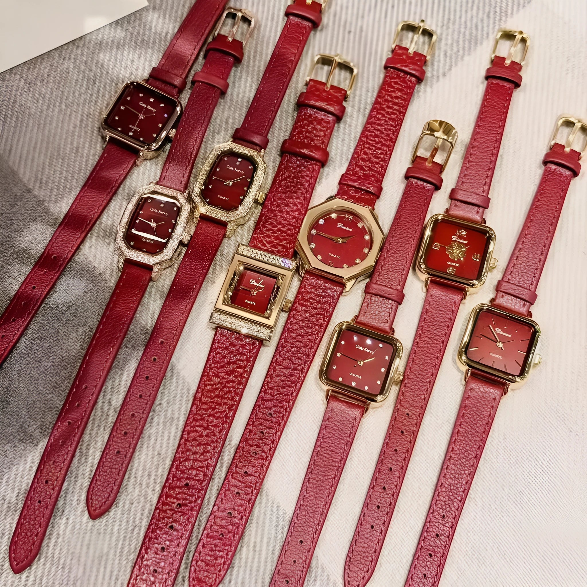 Ankela Red alloy women's watch with Chinese style design, showing 8mm thickness and various colour options.