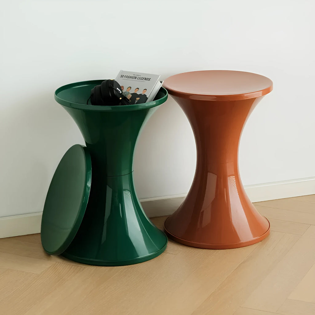 A plastic hourglass-shaped shoe changing stool in a choice of five colours.