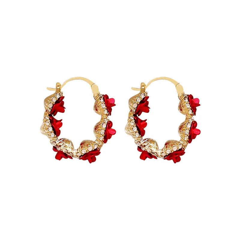 Red floral rose design alloy ear clip earrings for women with flower shape