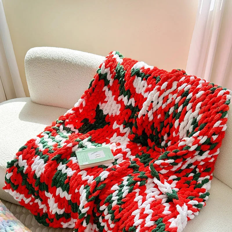 Handmade chenille cover blanket with thick ice bar stripe pattern in a choice of four colours.