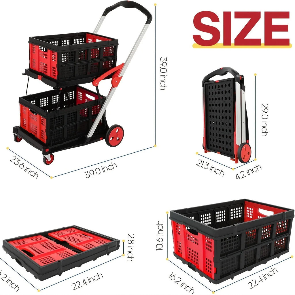 Foldable double-layer shopping cart shown in blue, purple, pink, and red colour options