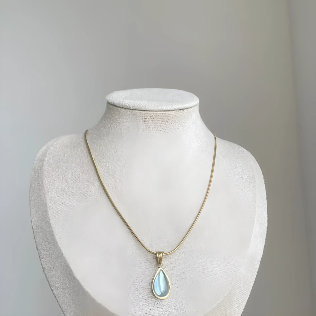 Retro blue and green water drop necklace with titanium steel snake chain and mixed gemstone pendant