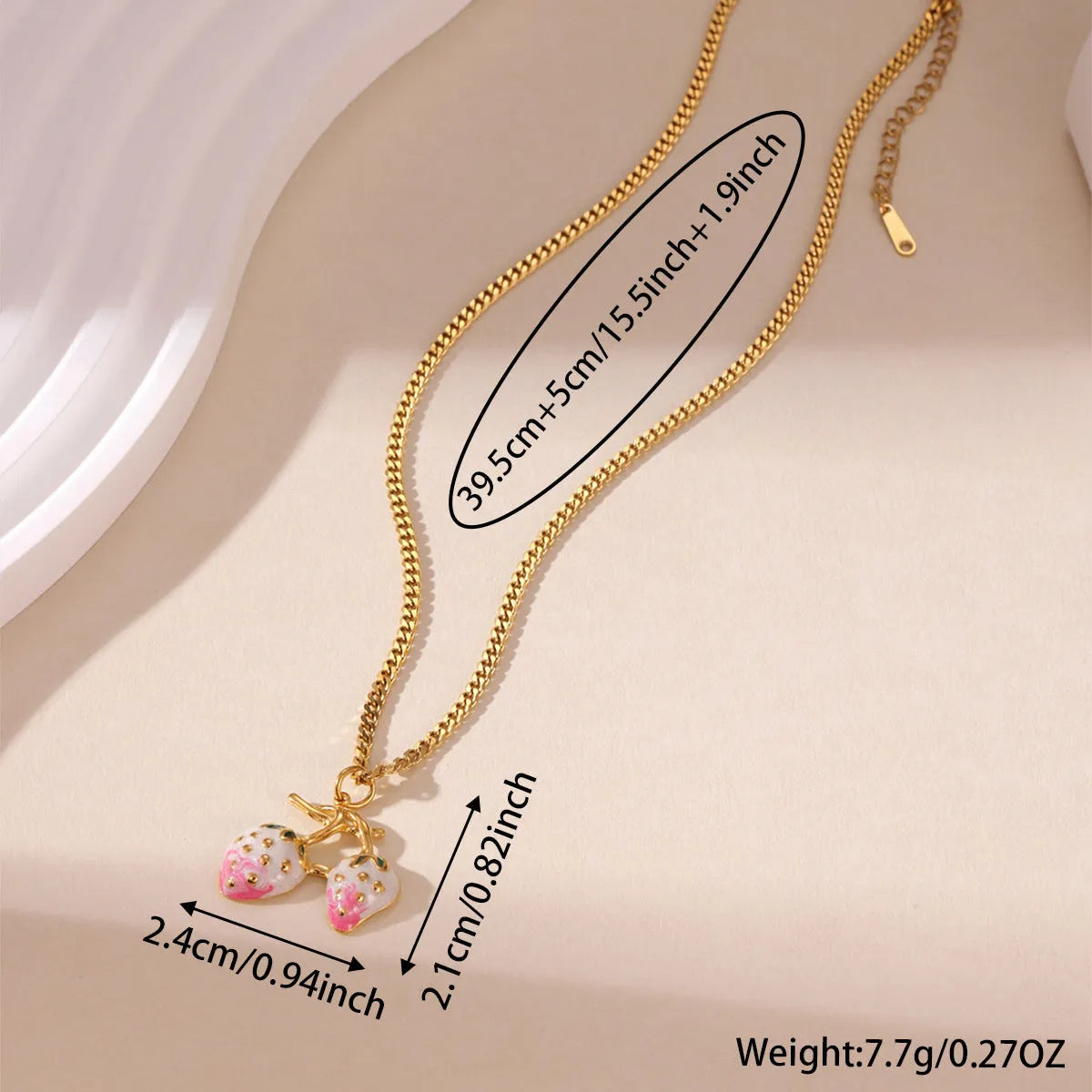 Strawberry fruit pendant necklace for women on a stainless steel chain, shown in red and white gradient colour options.